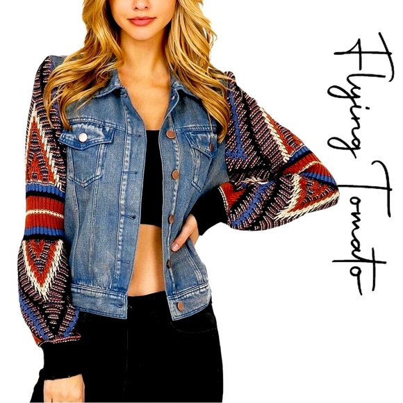 Flying Tomato Retro Vagabond Knit Balloon Sleeves Denim Jacket - Picture 8 of 16